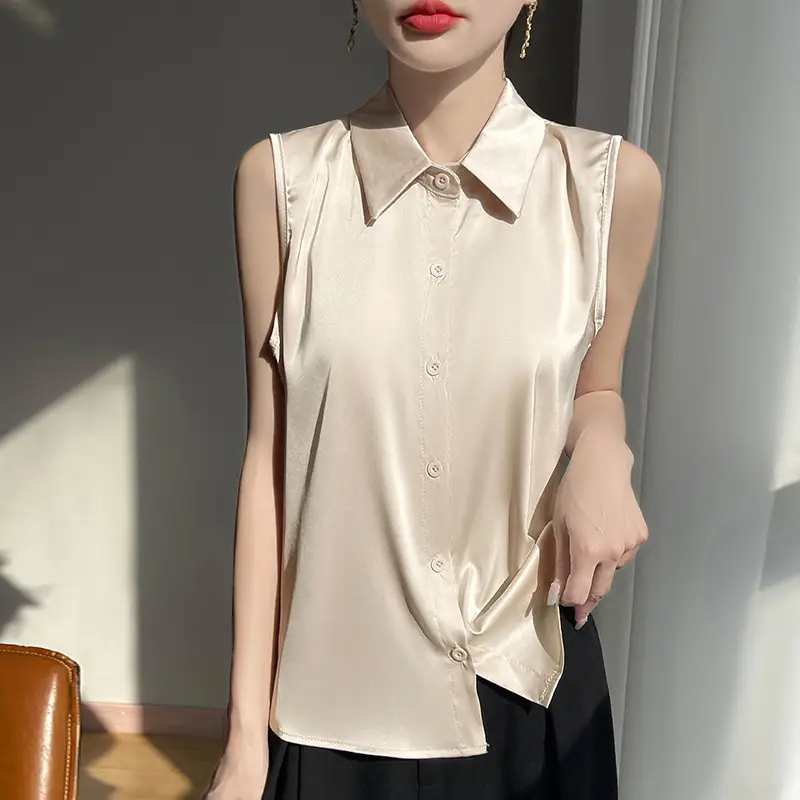 2025 Summer Women Sleeveless Satin Polo Collar Vest - Image 3