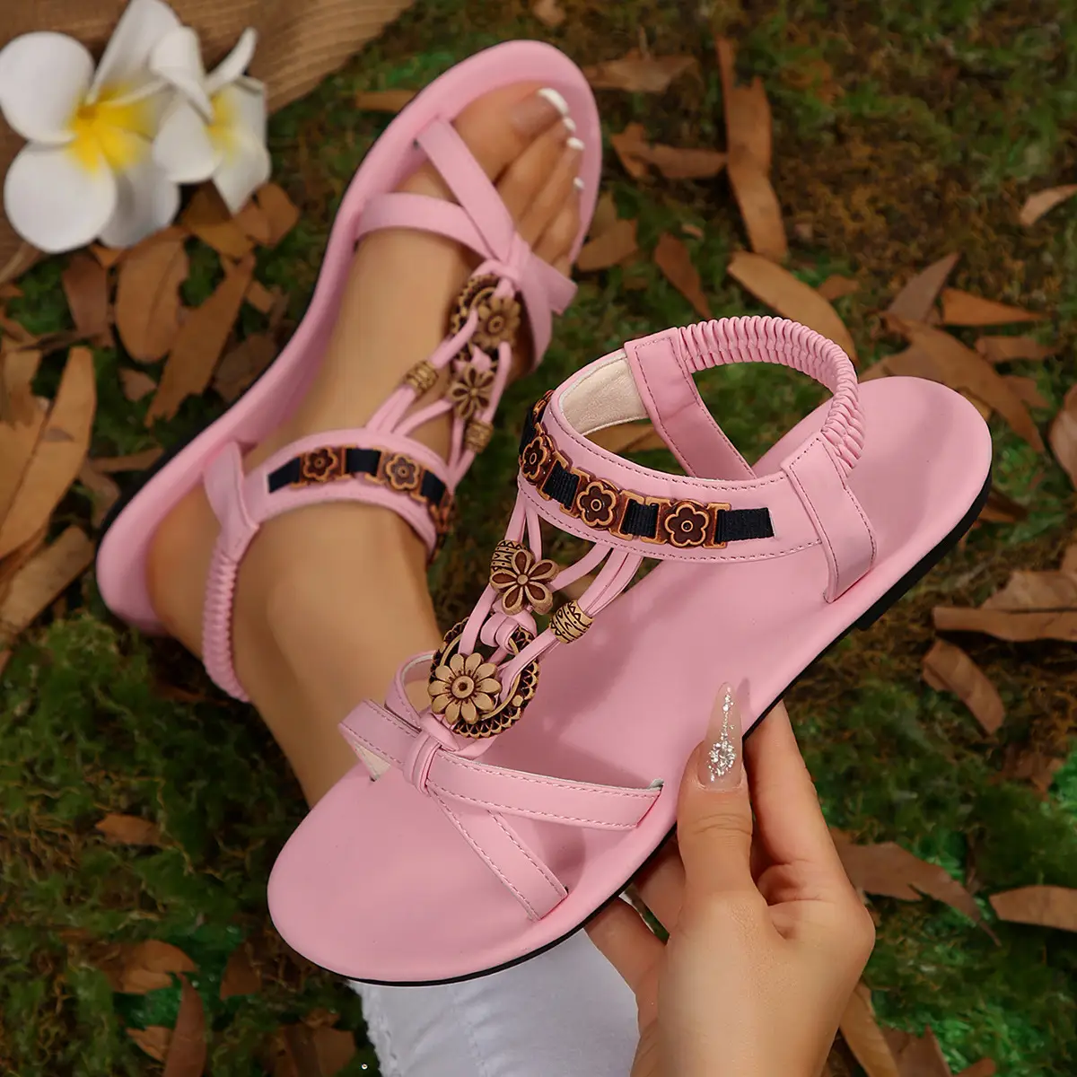 Women's Brown Floral Strap Sandals Plus Size 2025