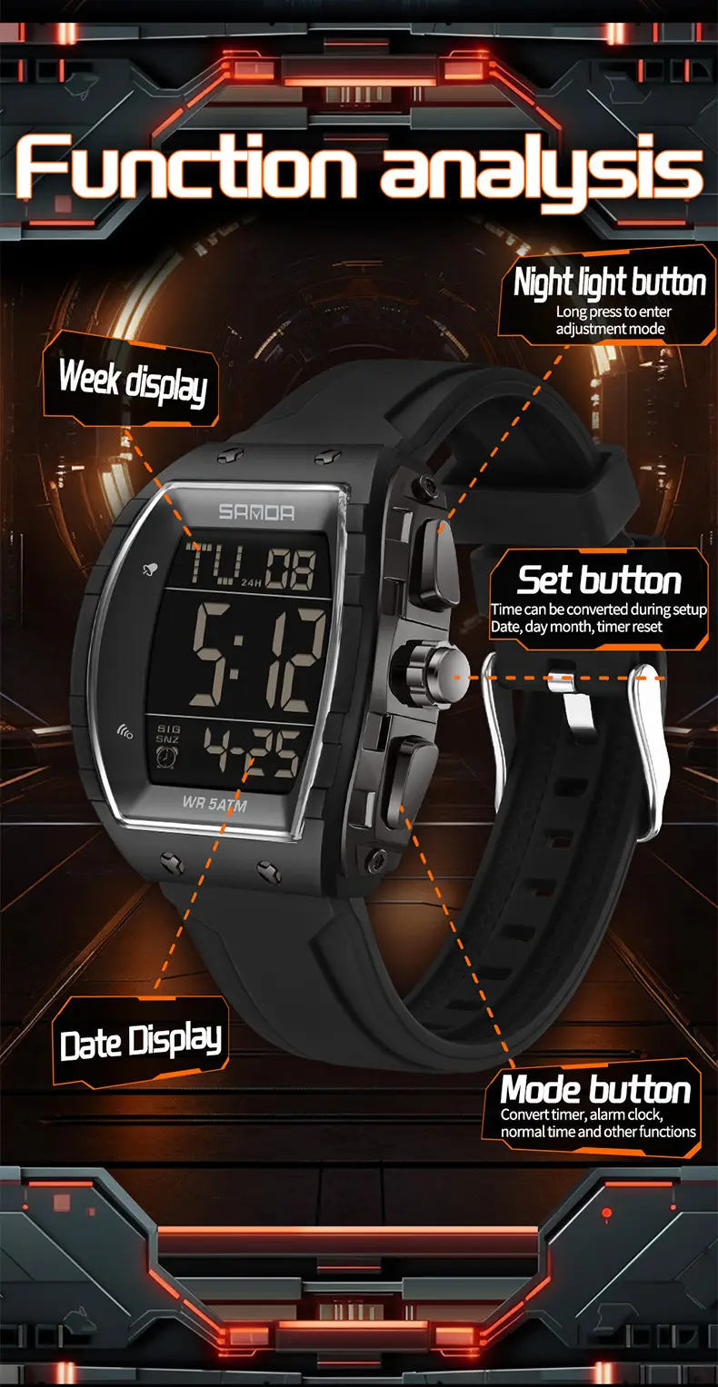 Sanda 5 ATM Waterproof Sports Watch with Luminous Red Barrel Design — feature 21