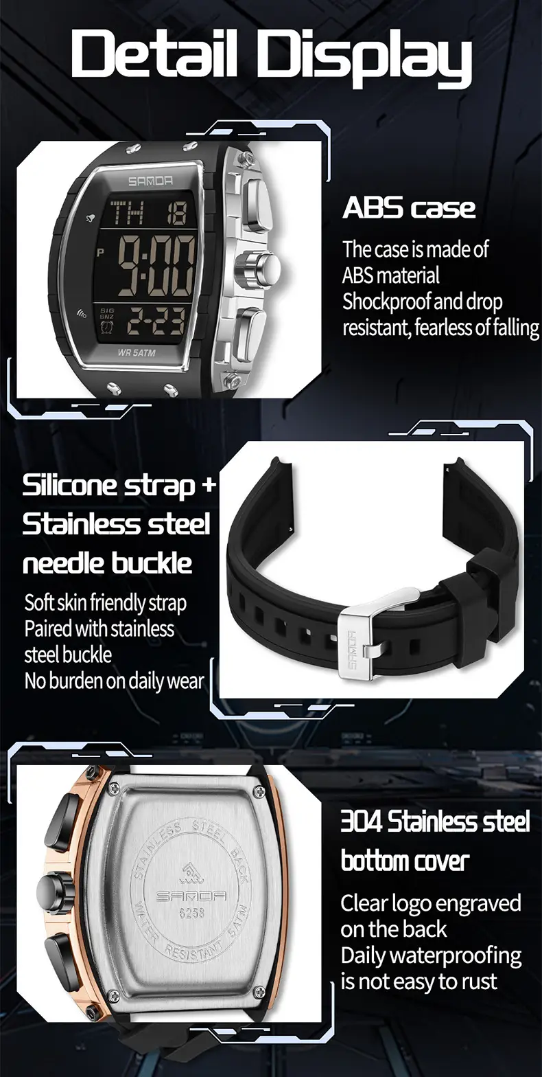 Sanda 5 ATM Waterproof Sports Watch with Luminous Red Barrel Design — feature 34