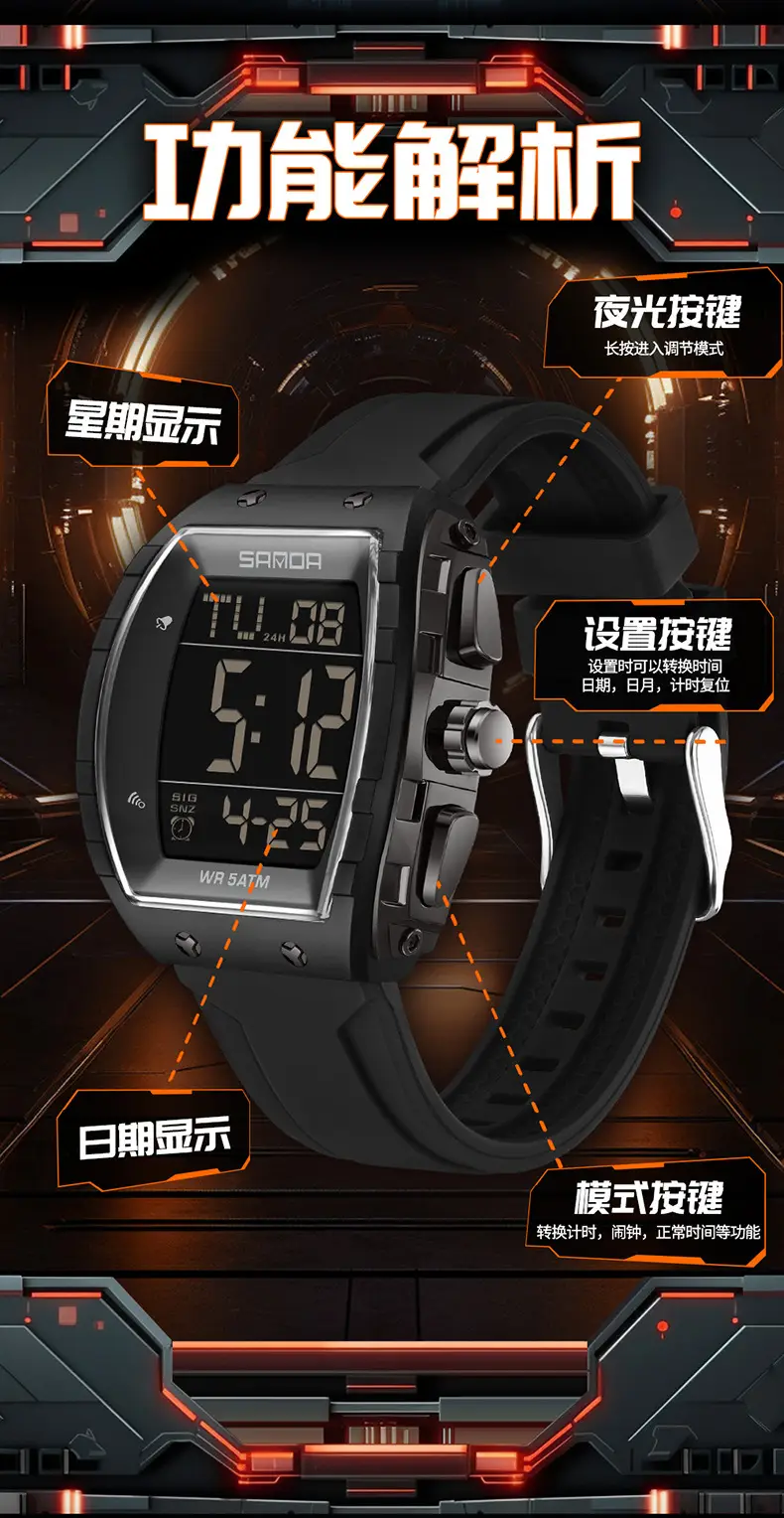 Sanda 5 ATM Waterproof Sports Watch with Luminous Red Barrel Design — feature 4