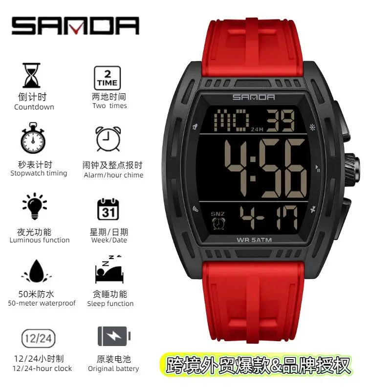 Sanda 5 ATM Waterproof Sports Watch with Luminous Red Barrel Design - Image 30