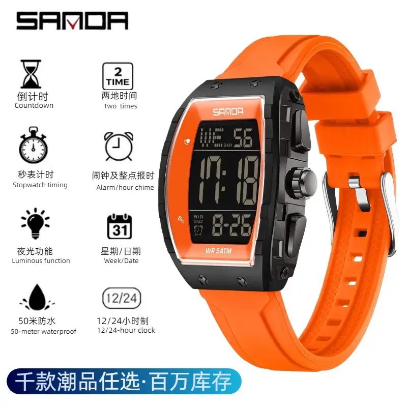 Sanda 5 ATM Waterproof Sports Watch with Luminous Red Barrel Design - Image 5