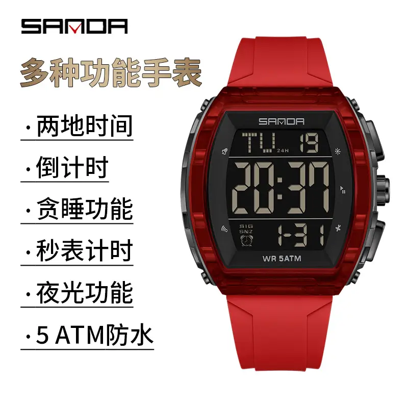 Sanda 5 ATM Waterproof Sports Watch with Luminous Red Barrel Design - Image 9