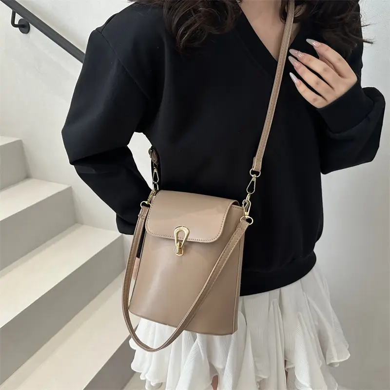 Women's Beige Textured Bucket Bag Shoulder Crossbody - Image 6
