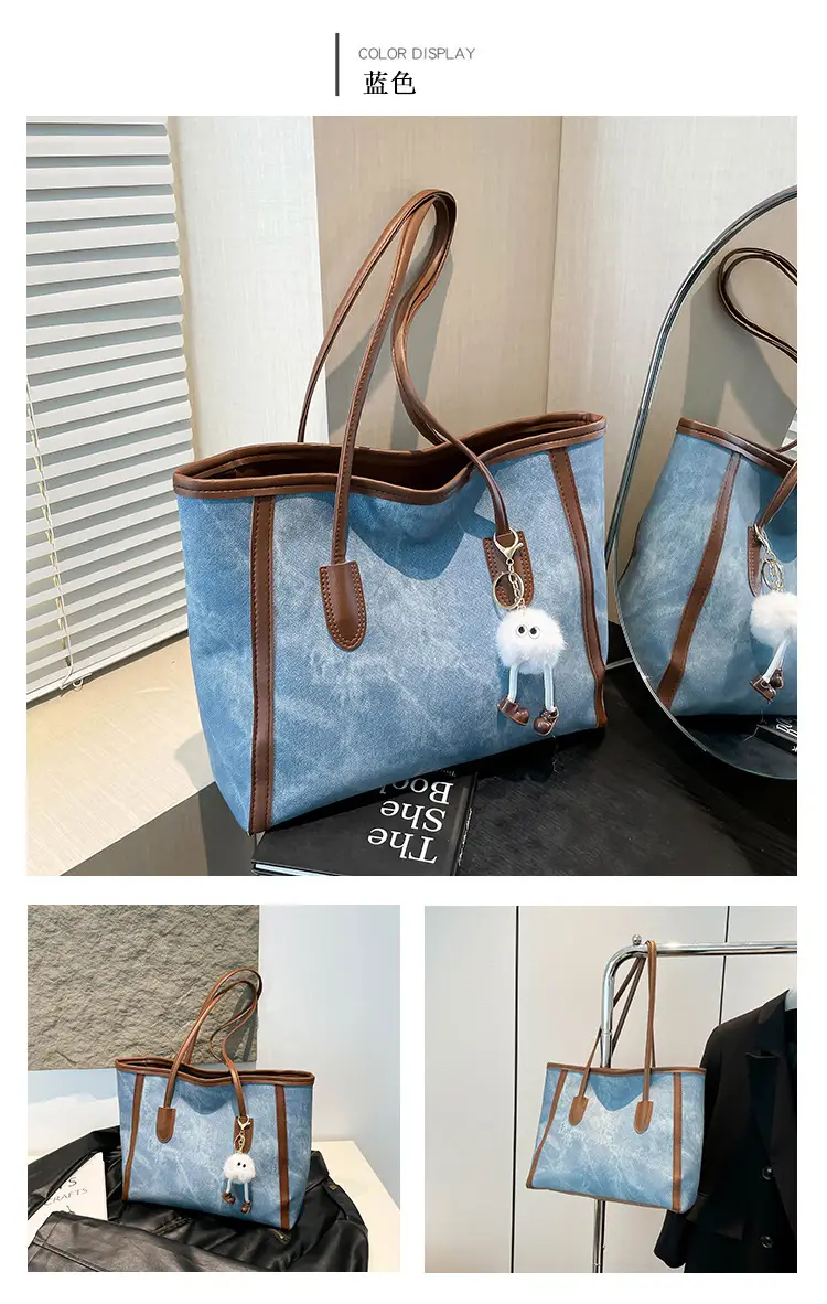 Blue Denim Underarm Bag with Pom Pom Charm — feature 11