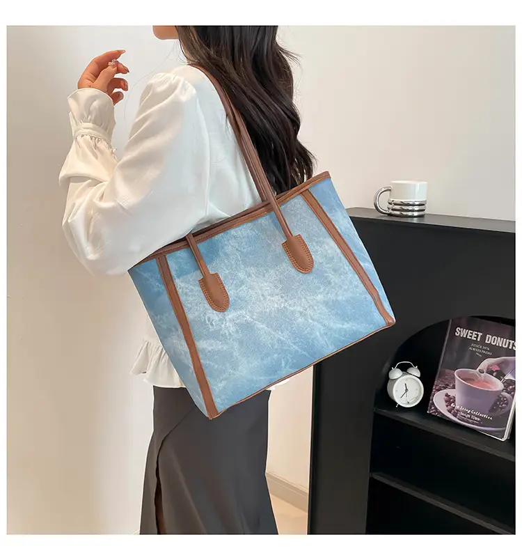 Blue Denim Underarm Bag with Pom Pom Charm — feature 30