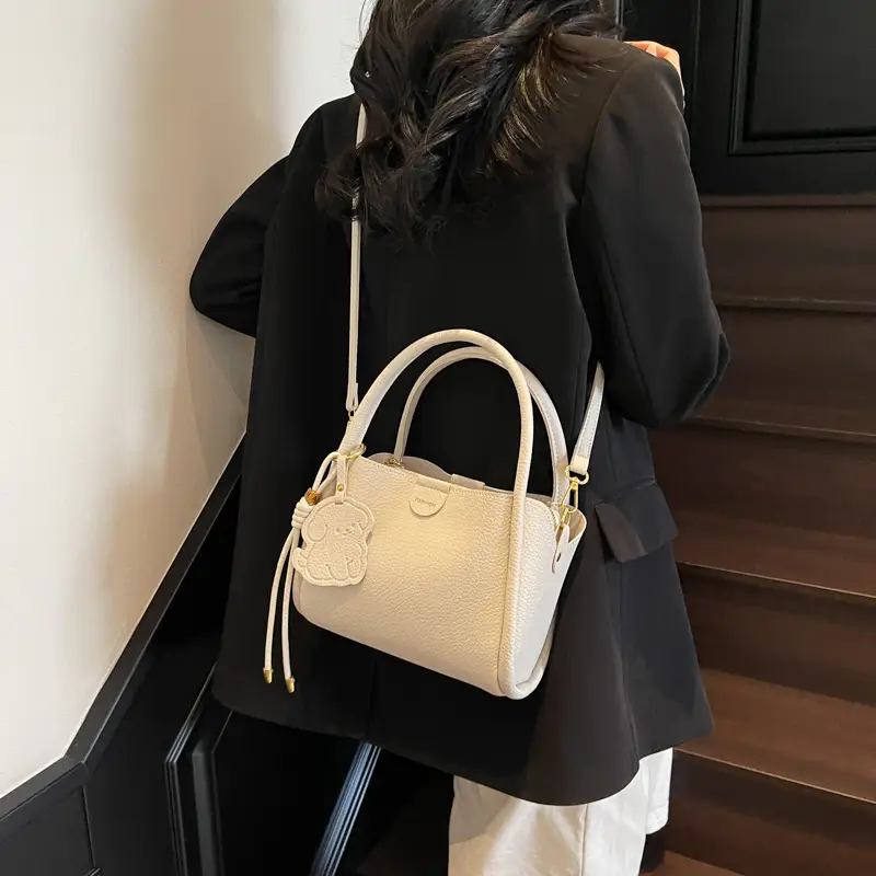 Women's Beige Leather Hand Bag with Gold Hardware - Image 8