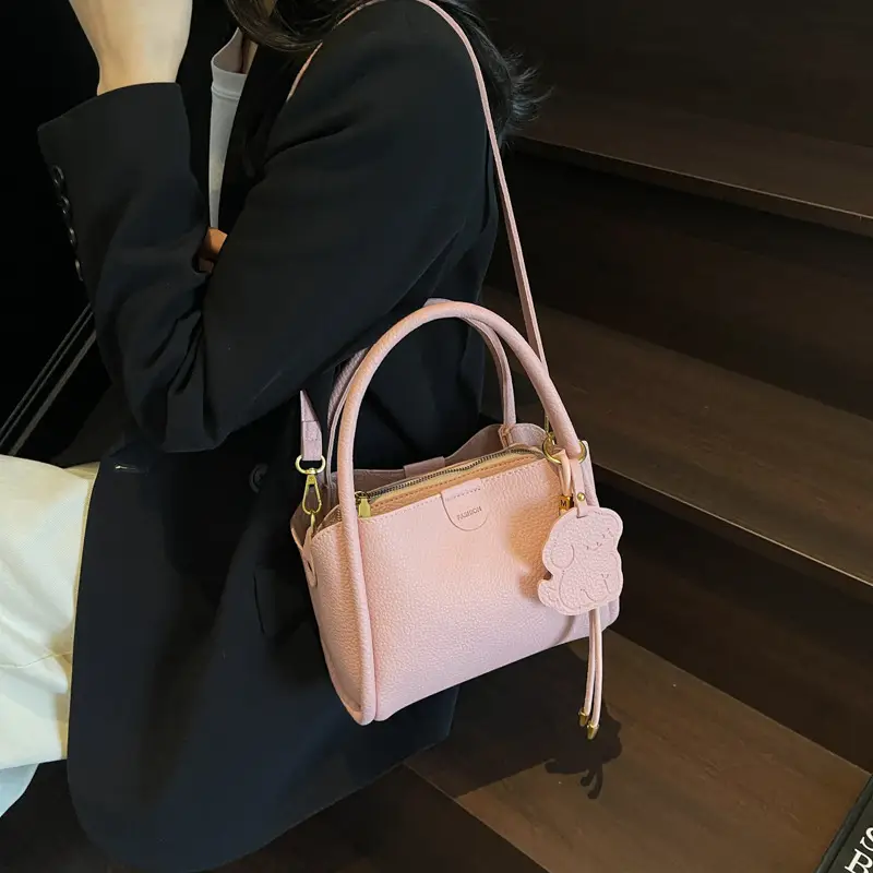 Women's Beige Leather Hand Bag with Gold Hardware - Image 9