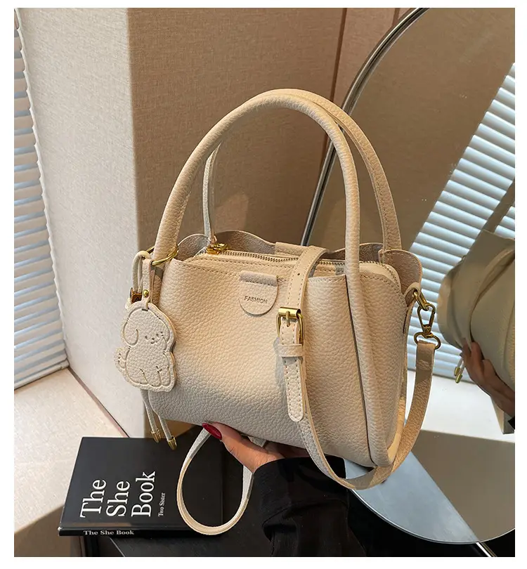 Women's Beige Leather Hand Bag with Gold Hardware — feature 2
