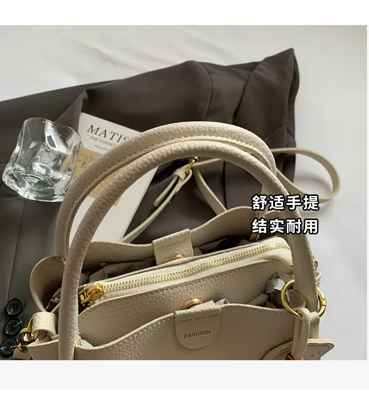Women's Beige Leather Hand Bag with Gold Hardware — feature 7