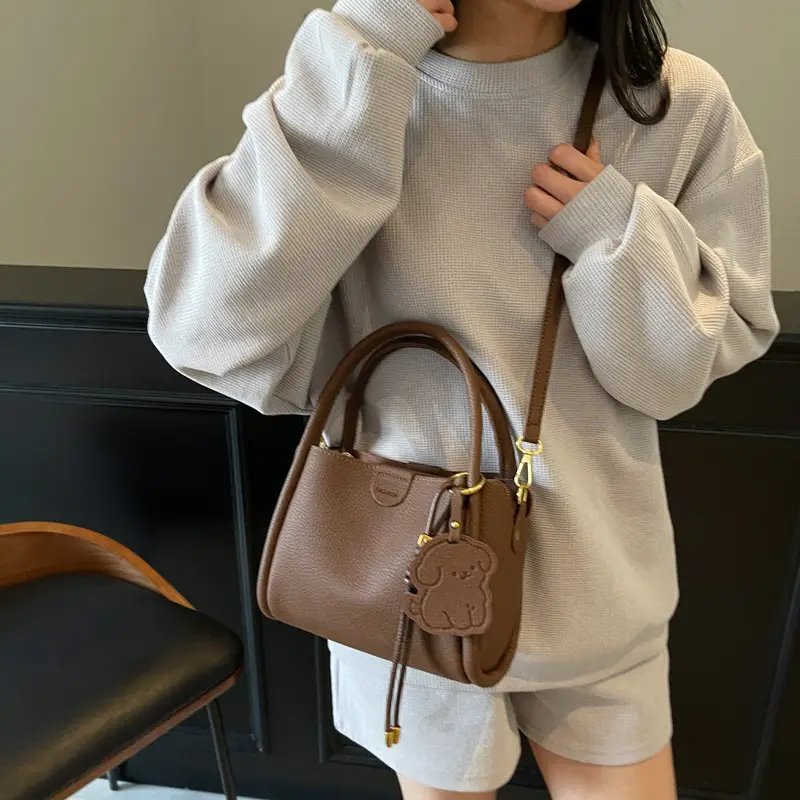 Women's Beige Leather Hand Bag with Gold Hardware - Image 2