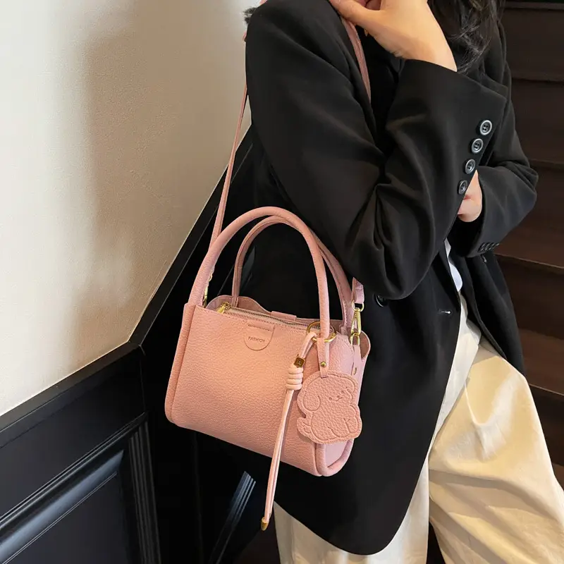 Women's Beige Leather Hand Bag with Gold Hardware - Image 4