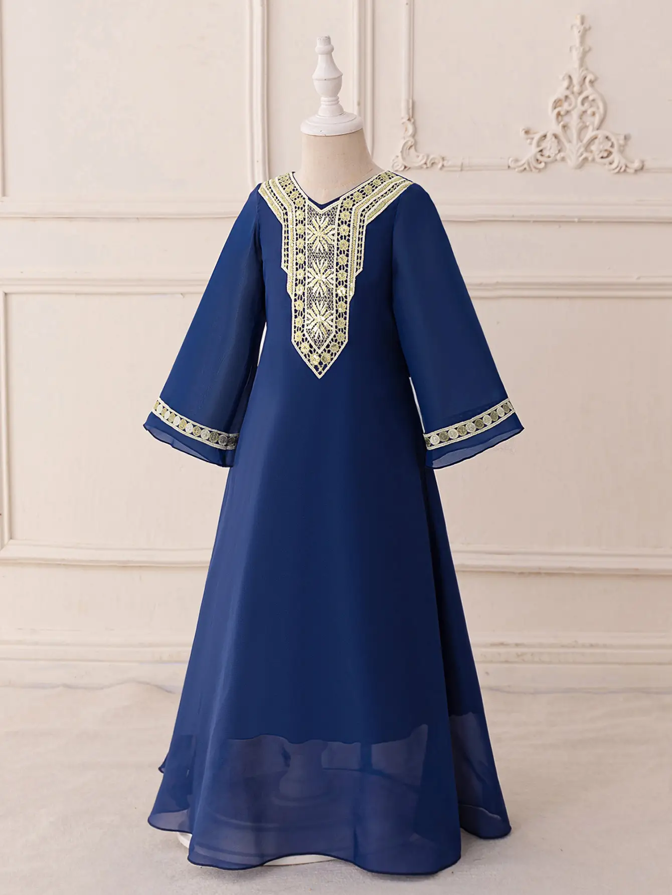 Long Sleeve Dark Blue Chiffon Princess Dress with Embroidered Trim