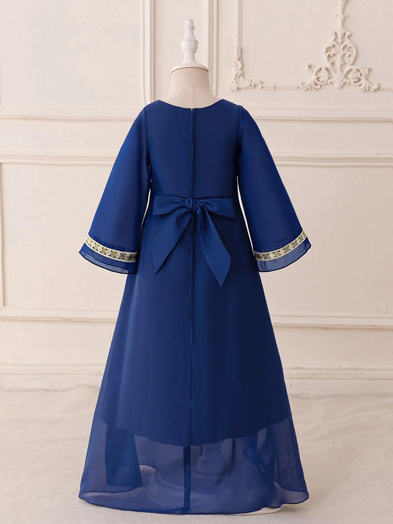 Long Sleeve Dark Blue Chiffon Princess Dress with Embroidered Trim