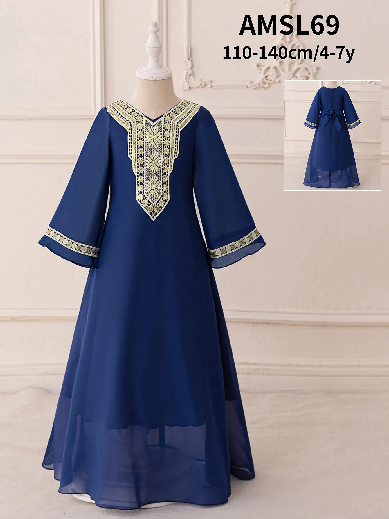 Long Sleeve Dark Blue Chiffon Princess Dress with Embroidered Trim