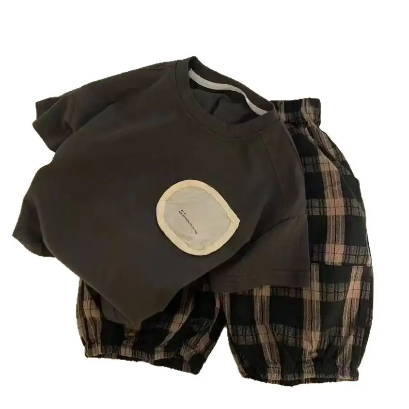2025 Boys Western Short Sleeve T-Shirt Pants Set Black Plaid - Image 5