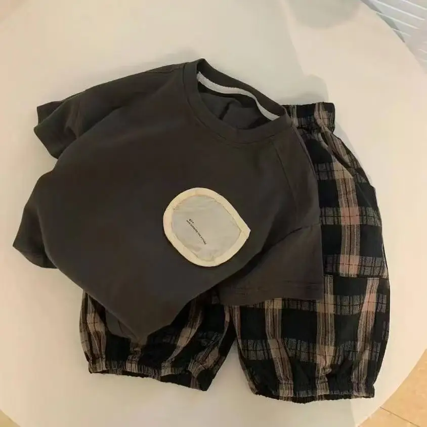 2025 Boys Western Short Sleeve T-Shirt Pants Set Black Plaid — feature 5