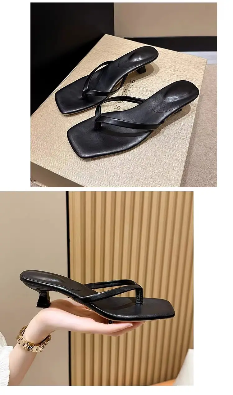 Versatile Outdoor Wear Stiletto Flip-Flops for Women 2026 Summer New Soft Leather Square-Toe Thong Sandals Cat Heel Sandals — feature 14