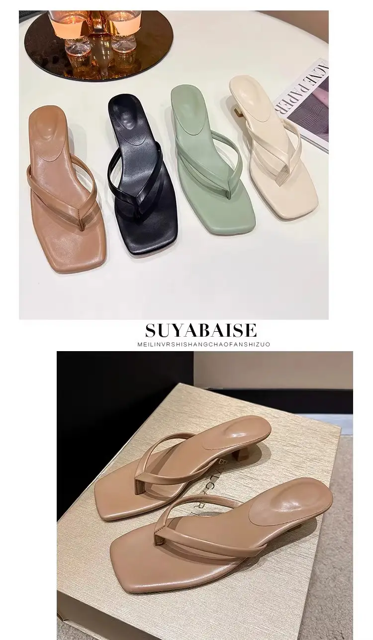 Versatile Outdoor Wear Stiletto Flip-Flops for Women 2026 Summer New Soft Leather Square-Toe Thong Sandals Cat Heel Sandals — feature 15