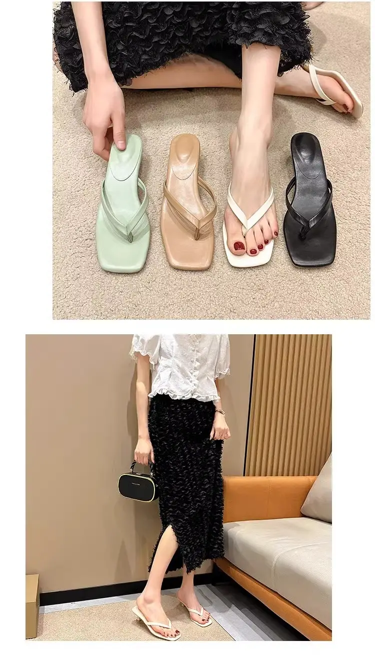 Versatile Outdoor Wear Stiletto Flip-Flops for Women 2026 Summer New Soft Leather Square-Toe Thong Sandals Cat Heel Sandals — feature 2