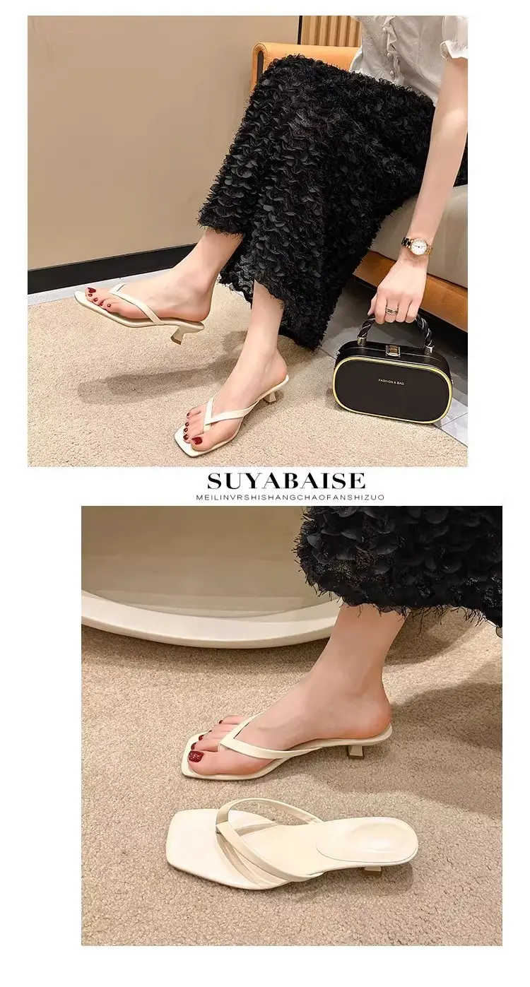 Versatile Outdoor Wear Stiletto Flip-Flops for Women 2026 Summer New Soft Leather Square-Toe Thong Sandals Cat Heel Sandals — feature 3