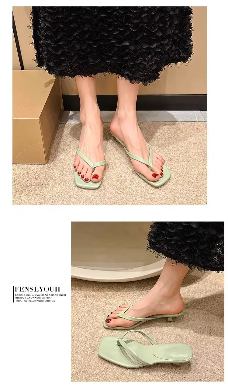 Versatile Outdoor Wear Stiletto Flip-Flops for Women 2026 Summer New Soft Leather Square-Toe Thong Sandals Cat Heel Sandals — feature 9