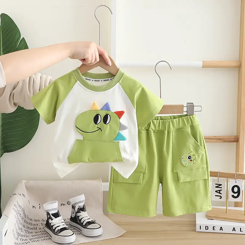 Boys Summer Western T-Shirt Shorts Set Cartoon Design - Image 2