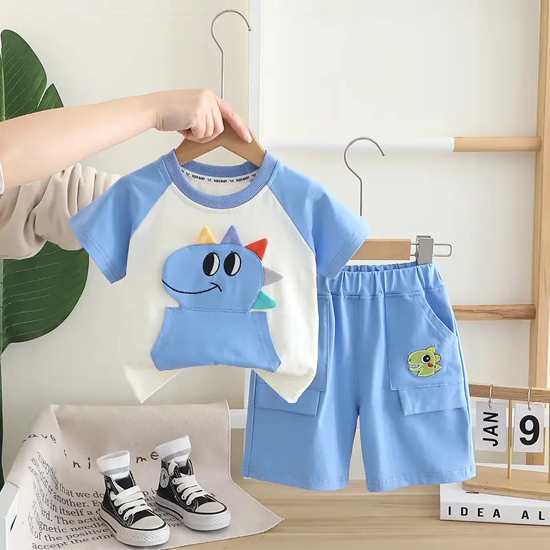 Boys Summer Western T-Shirt Shorts Set Cartoon Design - Image 3