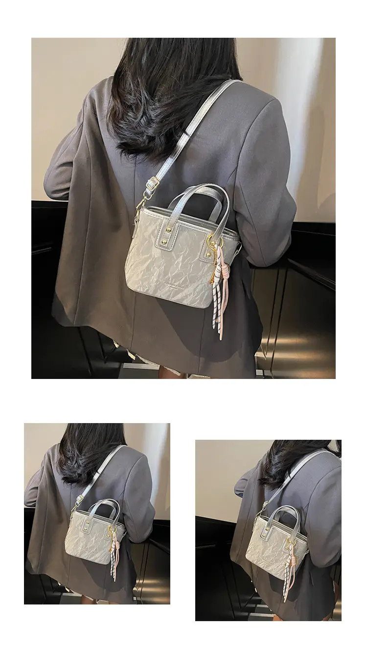 Women's Light Grey Quilted Shoulder Bag with Gold Plated Handles — feature 16