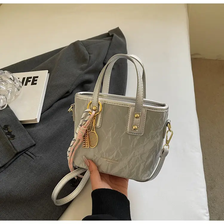 Women's Light Grey Quilted Shoulder Bag with Gold Plated Handles — feature 31