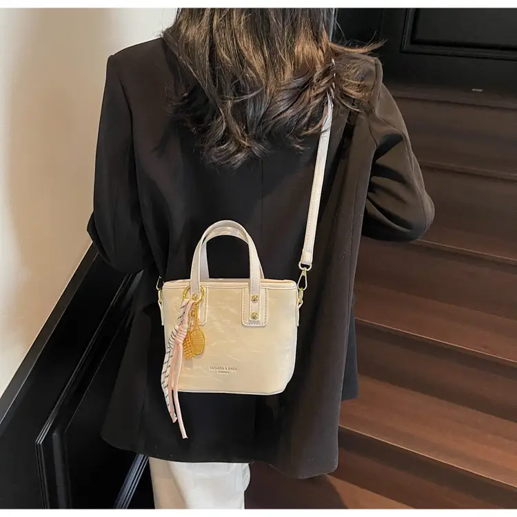 Women's Light Grey Quilted Shoulder Bag with Gold Plated Handles — feature 46