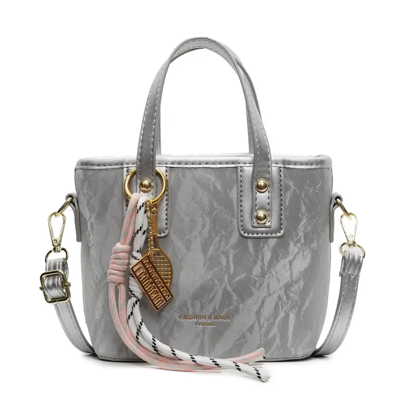 Women's Light Grey Quilted Shoulder Bag with Gold Plated Handles - Image 3