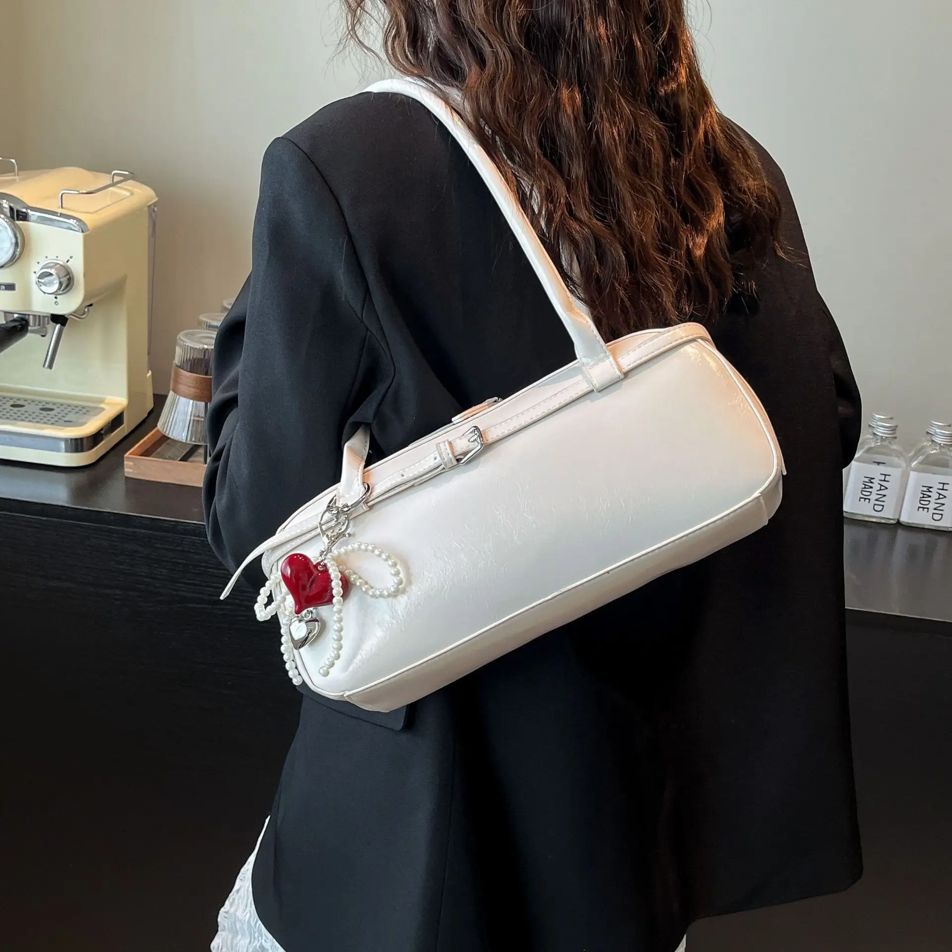 Women's Cream White Shoulder Bag with Pearl Keychain - Image 7
