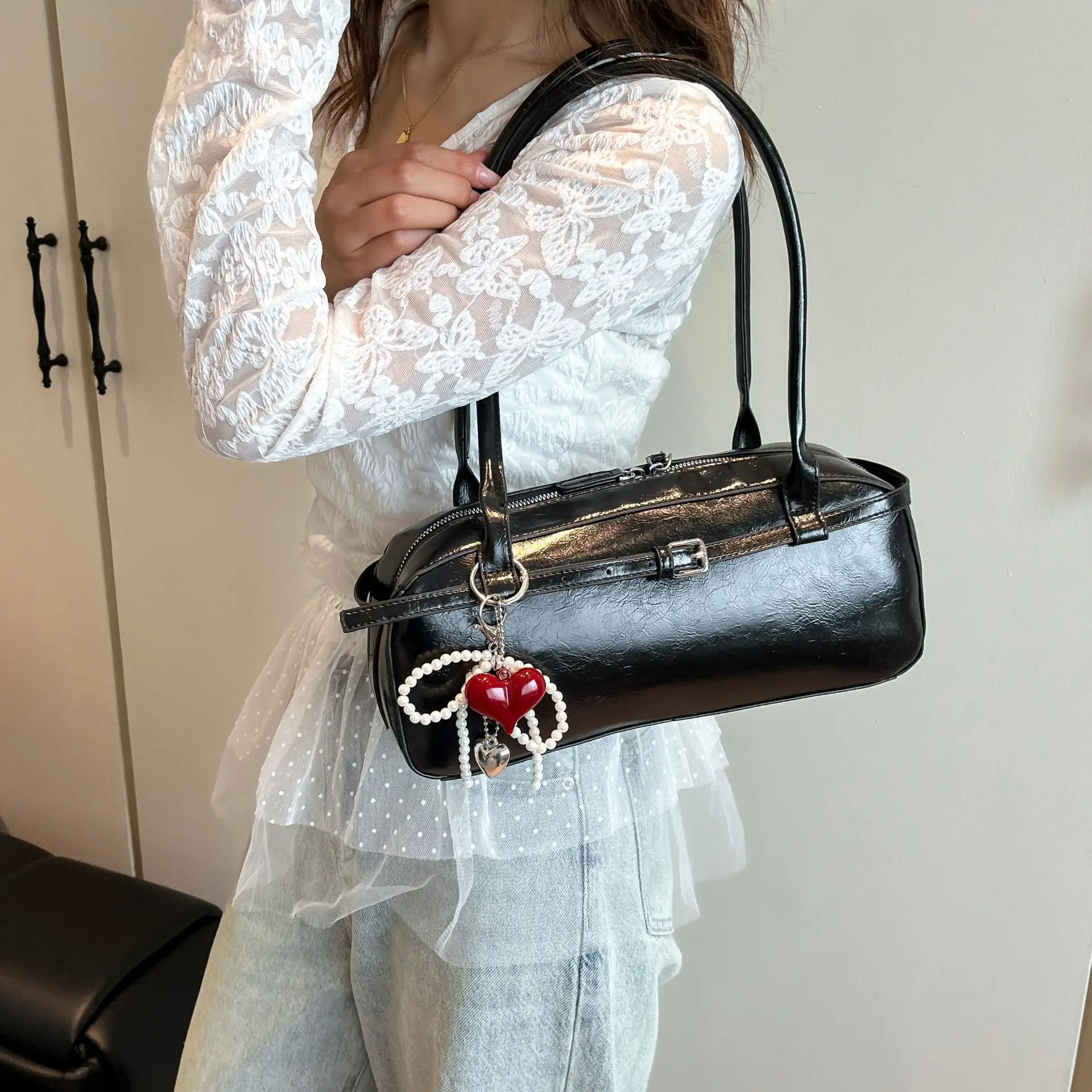 Women's Cream White Shoulder Bag with Pearl Keychain - Image 9