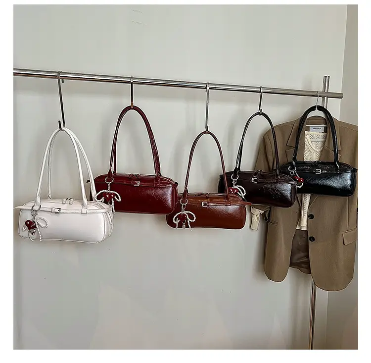 Women's Cream White Shoulder Bag with Pearl Keychain — feature 11