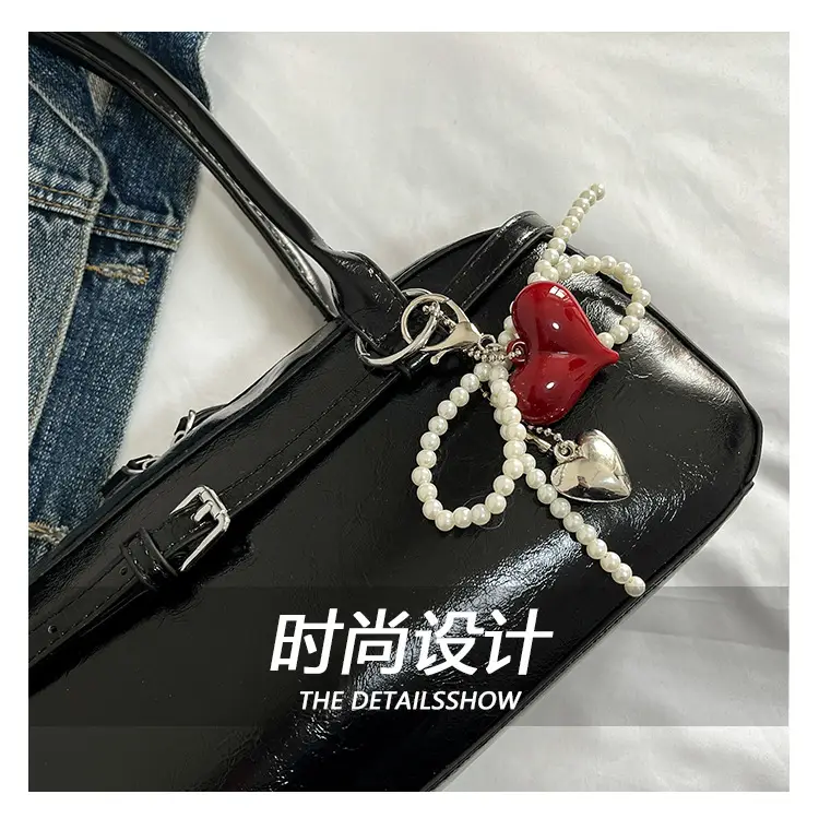 Women's Cream White Shoulder Bag with Pearl Keychain — feature 13