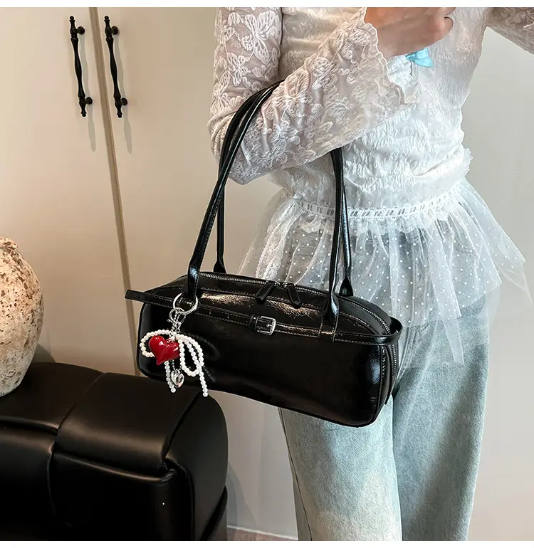 Women's Cream White Shoulder Bag with Pearl Keychain — feature 15