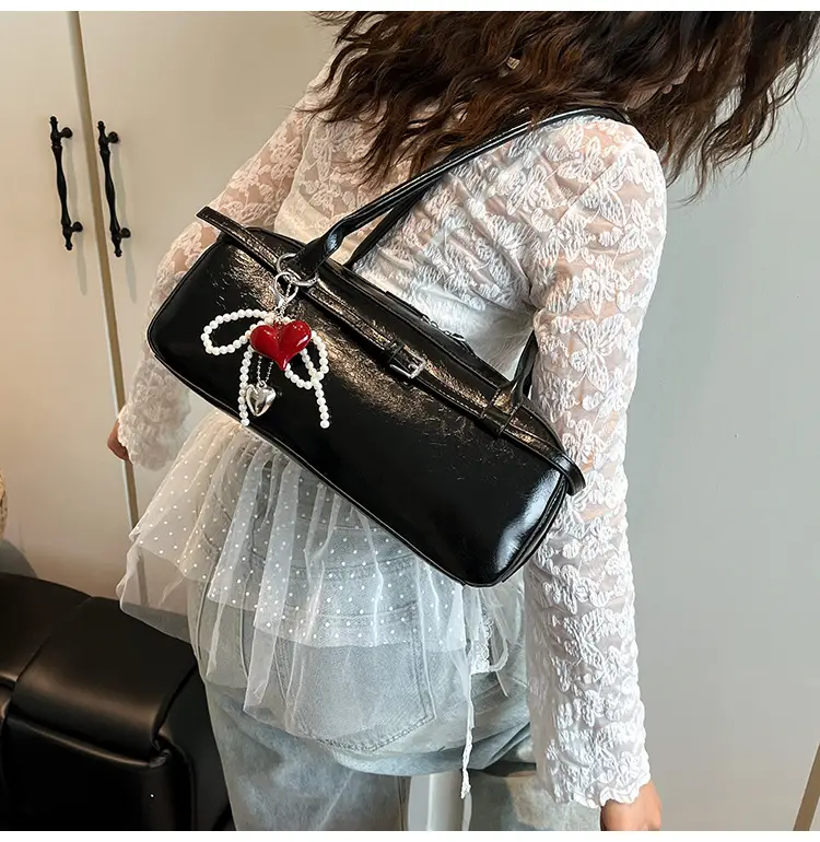 Women's Cream White Shoulder Bag with Pearl Keychain — feature 16