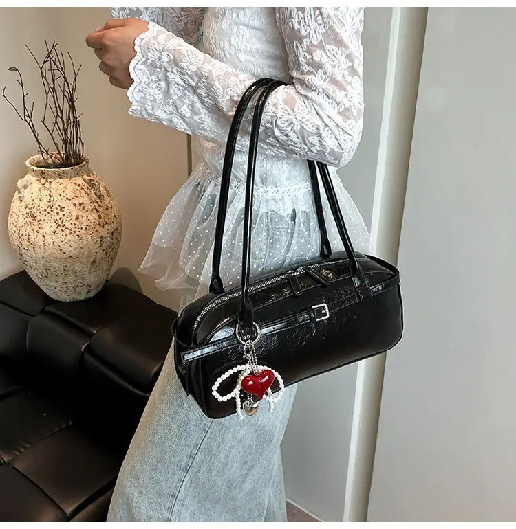 Women's Cream White Shoulder Bag with Pearl Keychain — feature 17