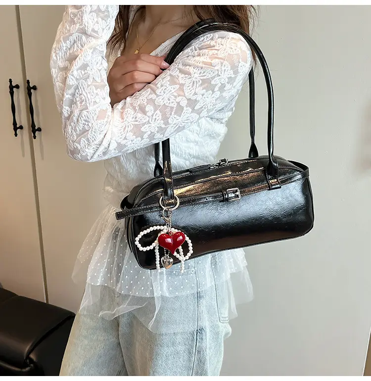 Women's Cream White Shoulder Bag with Pearl Keychain — feature 19