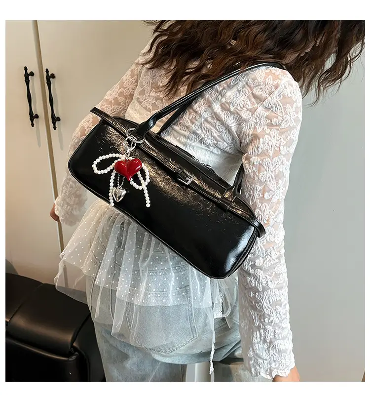 Women's Cream White Shoulder Bag with Pearl Keychain — feature 2