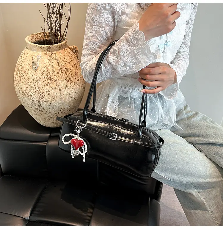 Women's Cream White Shoulder Bag with Pearl Keychain — feature 20