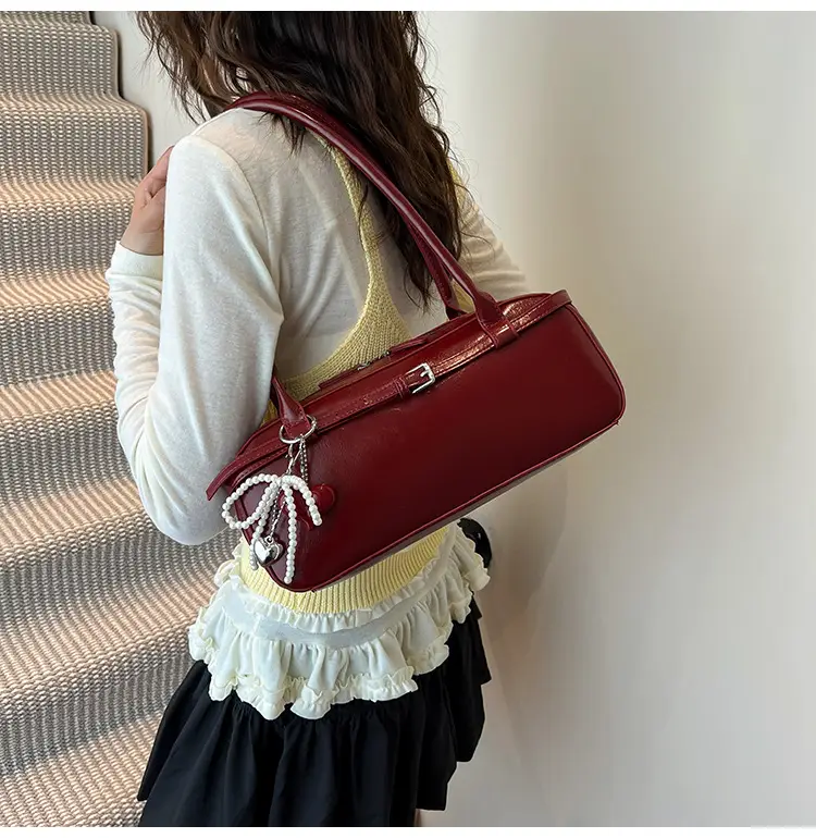 Women's Cream White Shoulder Bag with Pearl Keychain — feature 23