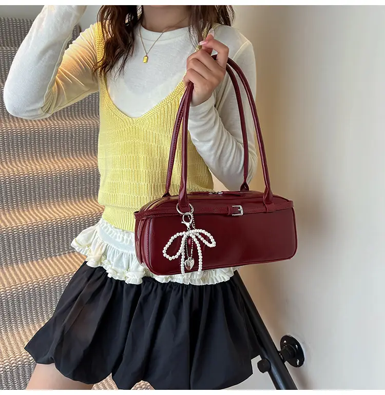 Women's Cream White Shoulder Bag with Pearl Keychain — feature 24