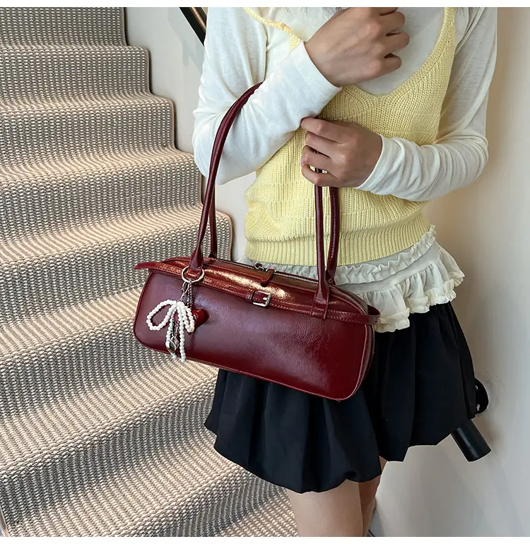 Women's Cream White Shoulder Bag with Pearl Keychain — feature 25