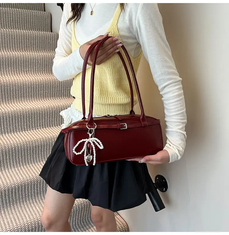 Women's Cream White Shoulder Bag with Pearl Keychain — feature 26