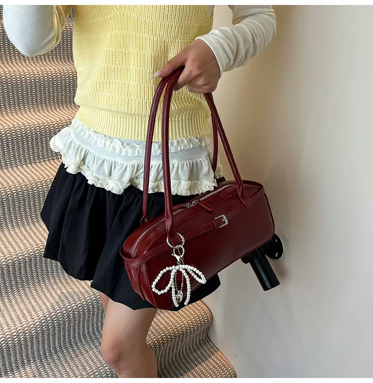 Women's Cream White Shoulder Bag with Pearl Keychain — feature 27