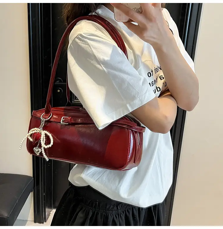 Women's Cream White Shoulder Bag with Pearl Keychain — feature 28