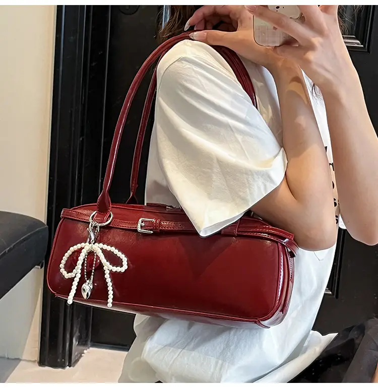 Women's Cream White Shoulder Bag with Pearl Keychain — feature 29